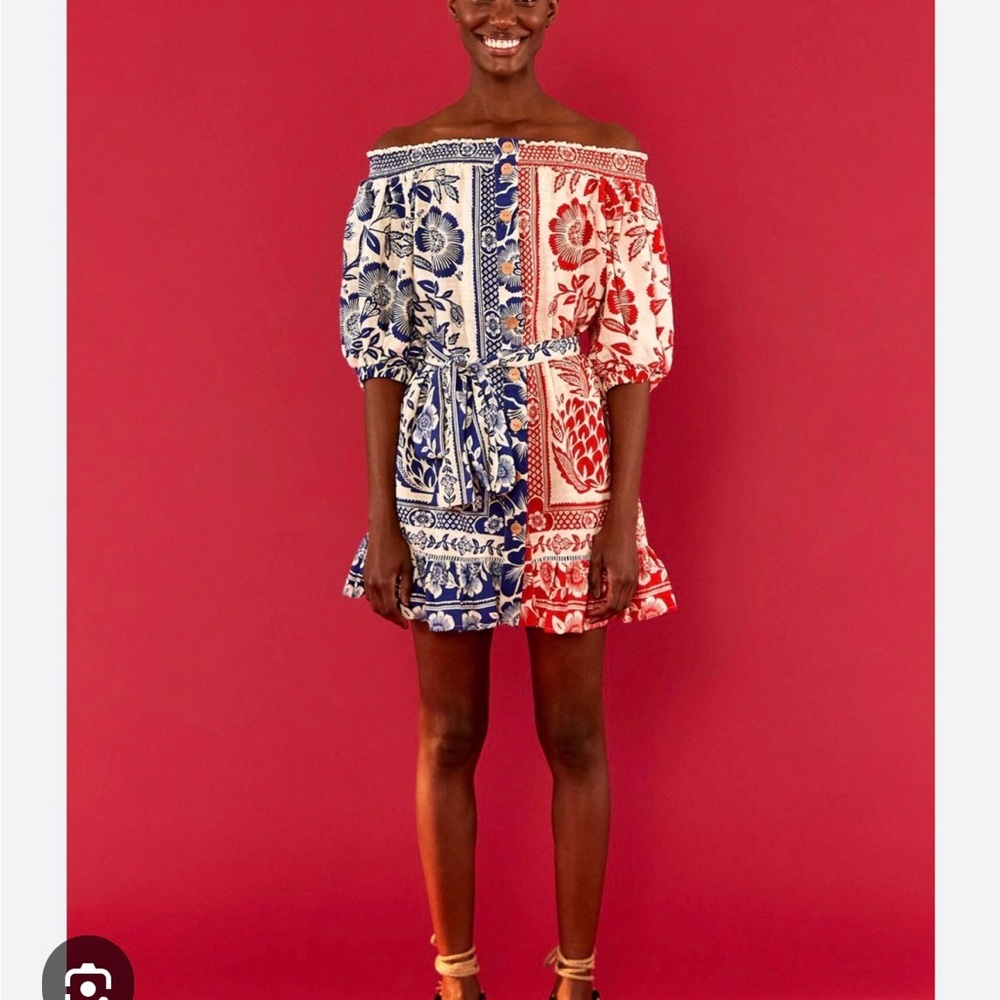 FARM Rio Off-Shoulder Floral Patchwork Mini Dress in Red & Blue